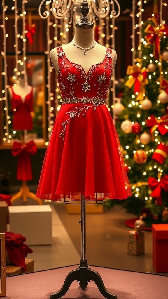 Elegant red Christmas party dress with embellishments displayed in a festive setting.